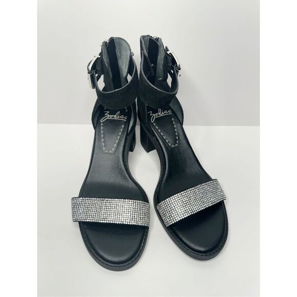 ZODIAC‎ Sandals Size 7.5 Black Leather Ankle-Strap Zip Block-Heel Rhinestone - Picture 3 of 9